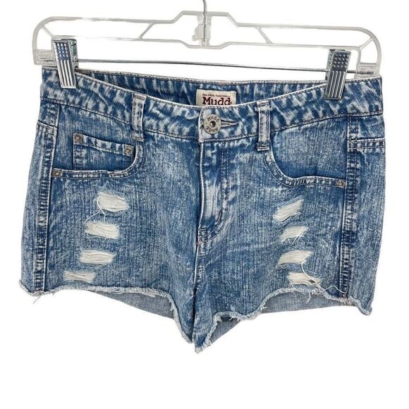 Mudd Womens Jean Shorts Distressed Shortie Cotton 5 Pocket Mid Rise Blue 7 - Picture 1 of 8